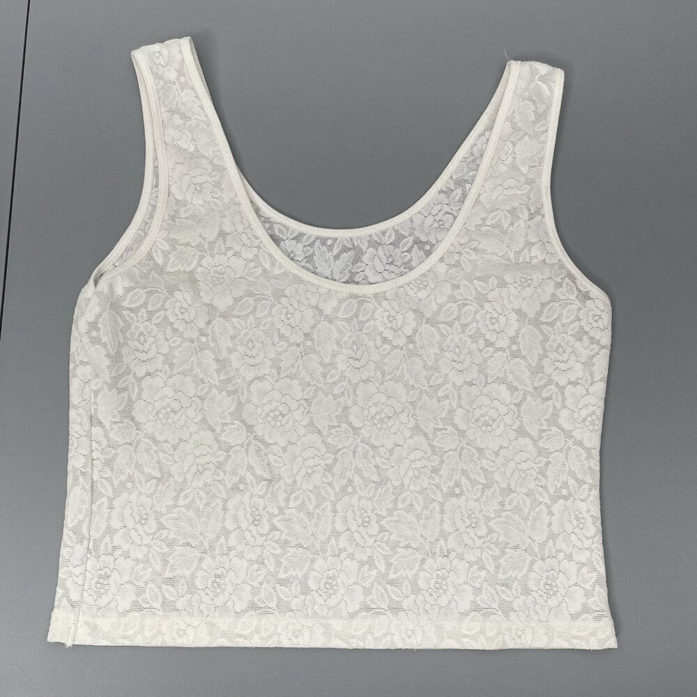 Vintage‎ Y2K Floral Lace Sheer Tank Top Cropped Romantic Coquette Sexy White L